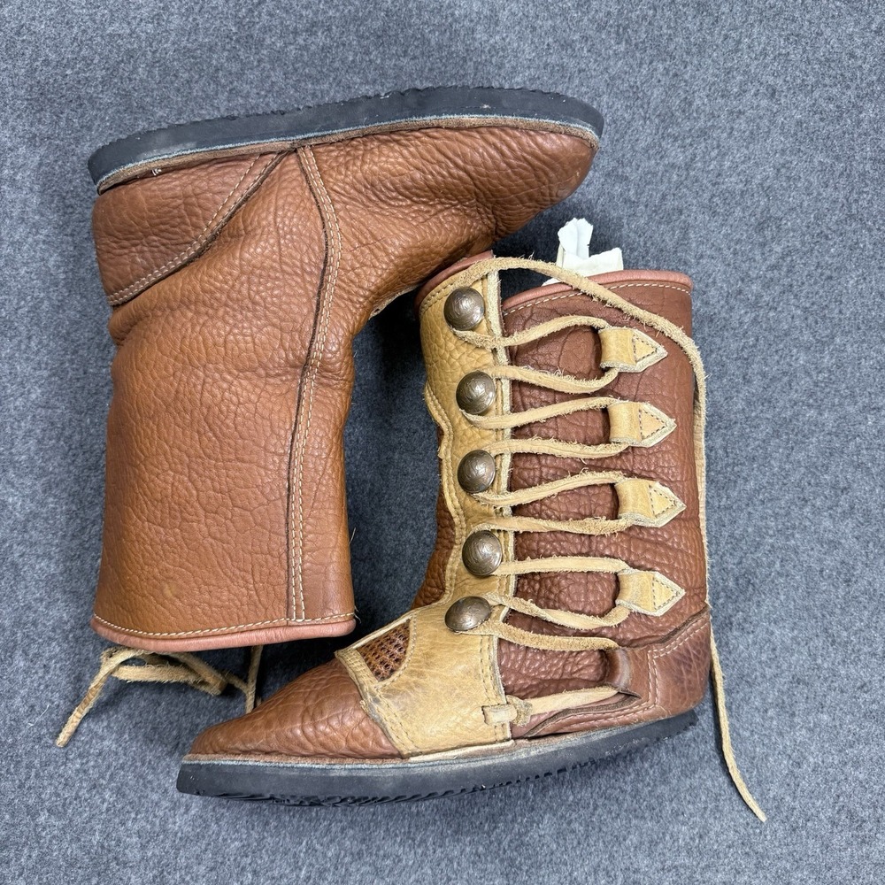Vintage Leather Lace Up Boots Nautical Ship Buttons 1976 Vibram Mens 9.5W - Picture 10 of 11